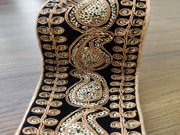 Black Golden Sequins and Thread Work Velvet Embroidered Border