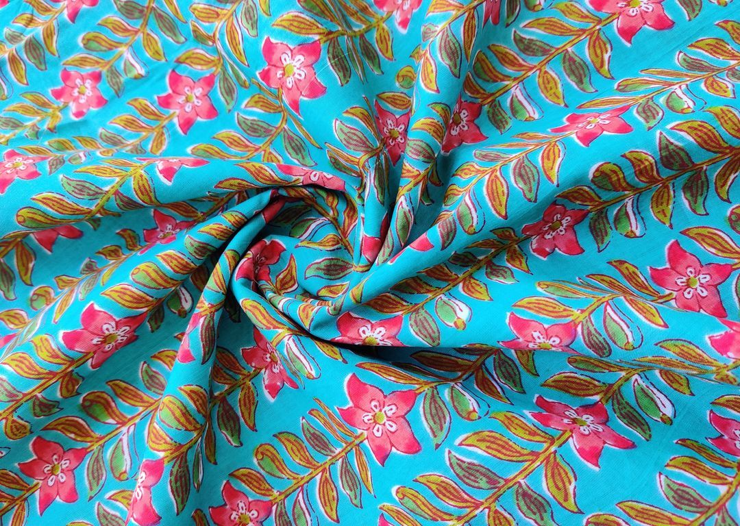 Blue Pink Floral Printed Cotton Fabric
