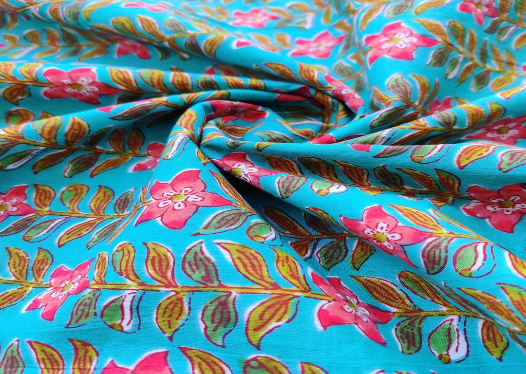 Blue Pink Floral Printed Cotton Fabric