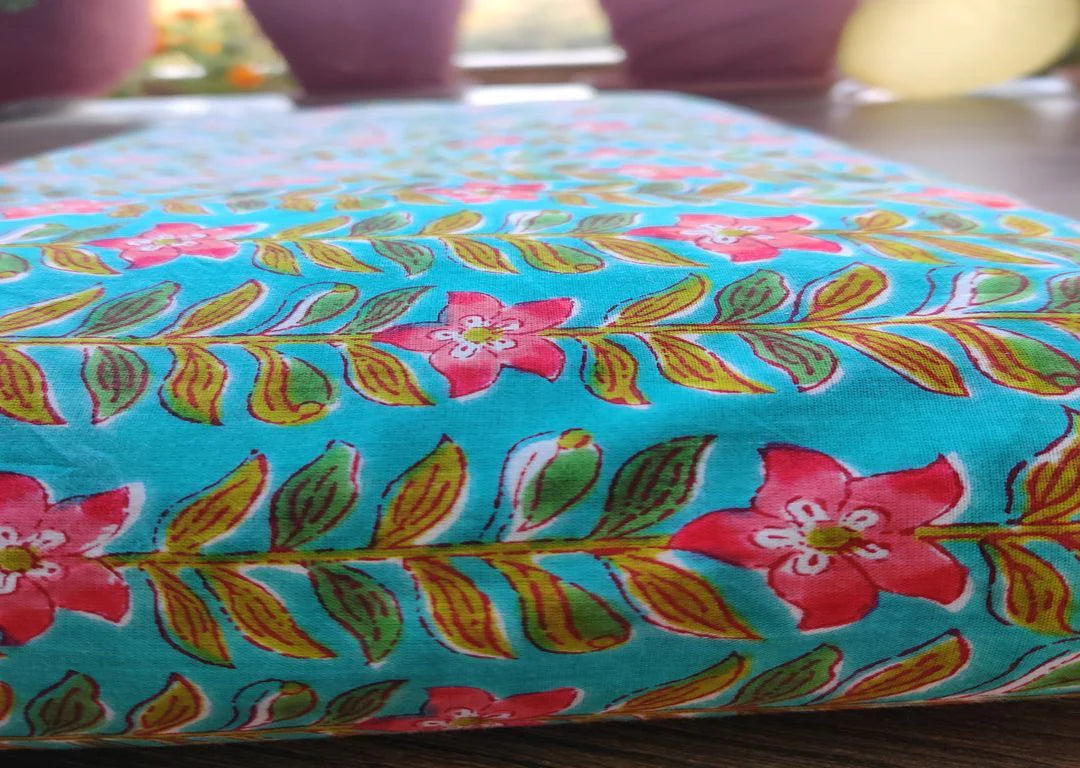 Blue Pink Floral Printed Cotton Fabric