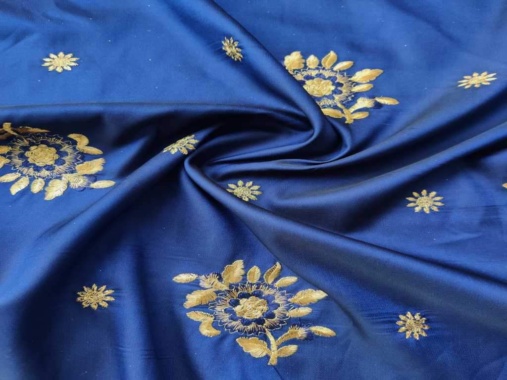 Blue Floral Embroidered Taffeta Silk Fabric