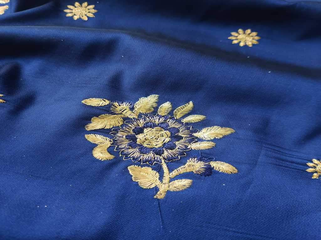 Blue Floral Embroidered Taffeta Silk Fabric