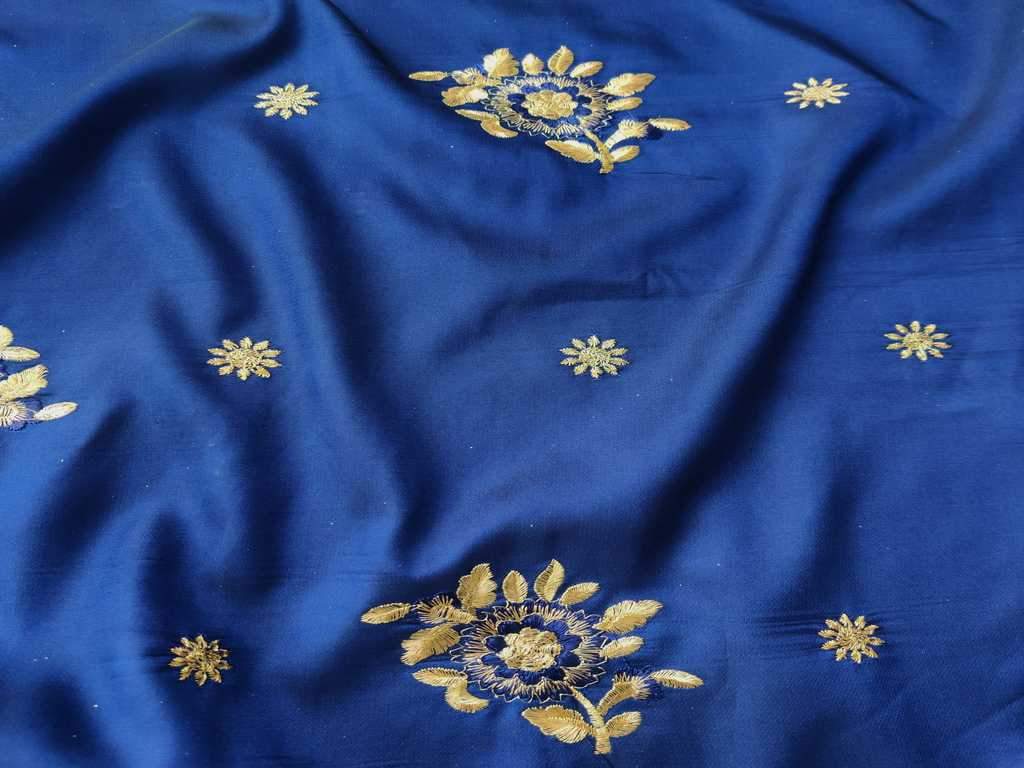 Blue Floral Embroidered Taffeta Silk Fabric