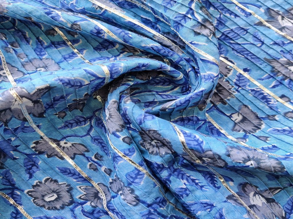 Blue Flowers Gota Patti Pintucks Cotton Fabric