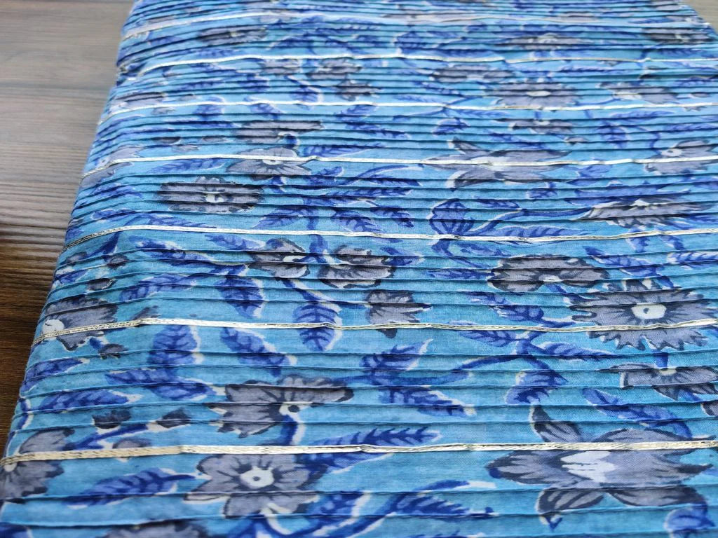 Blue Flowers Gota Patti Pintucks Cotton Fabric