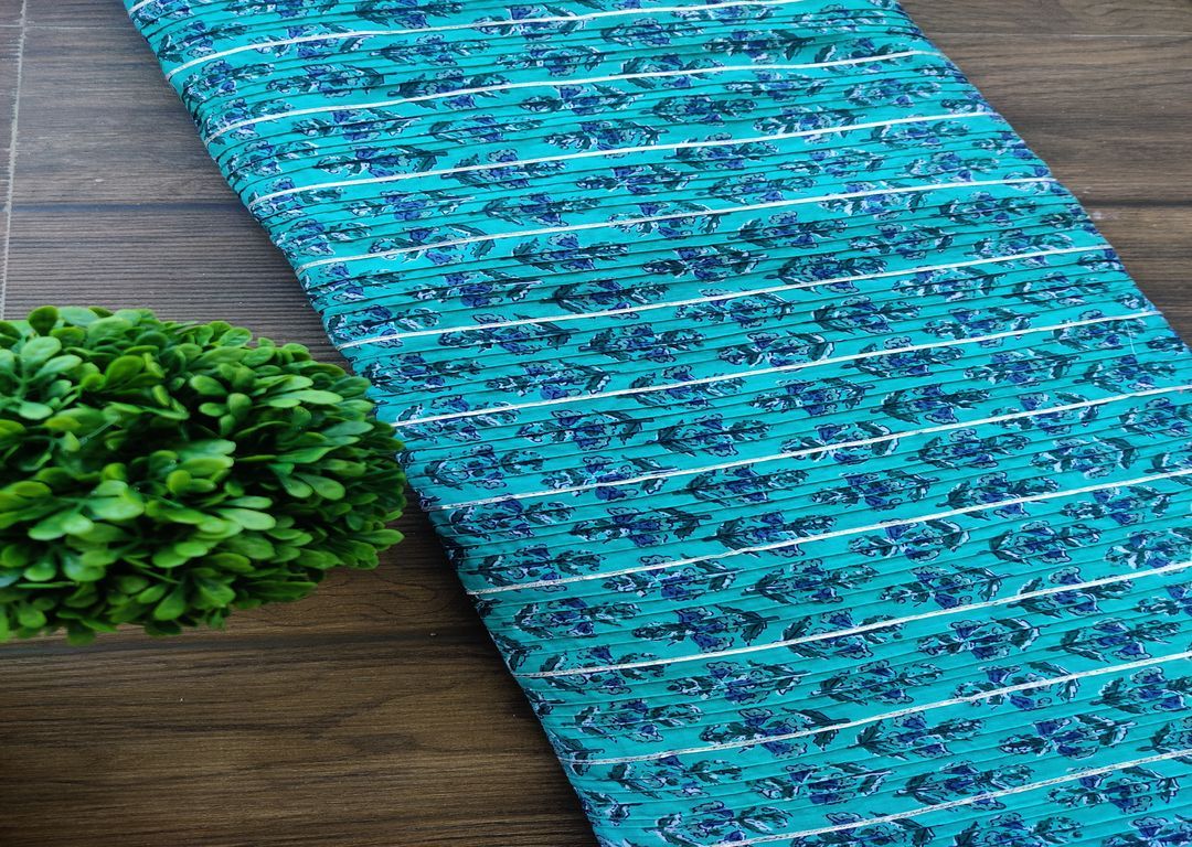 Blue Floral Printed Gota Patti And Pintucks Cotton Fabric
