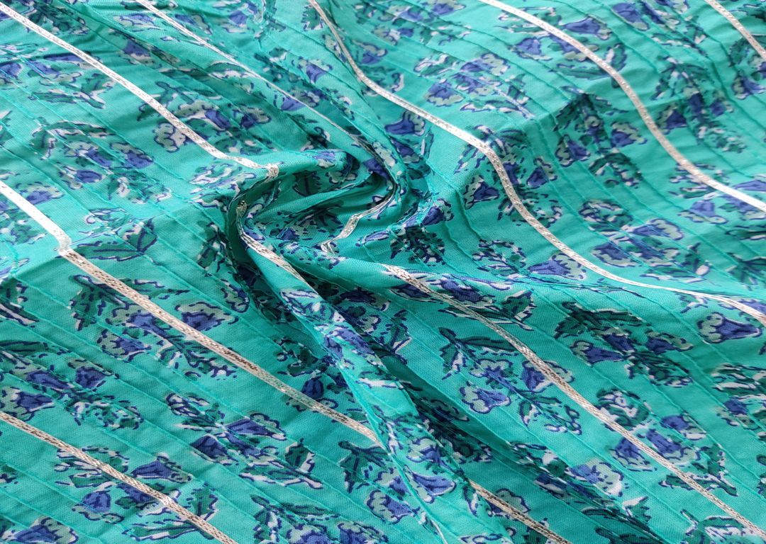 Blue Floral Printed Gota Patti And Pintucks Cotton Fabric