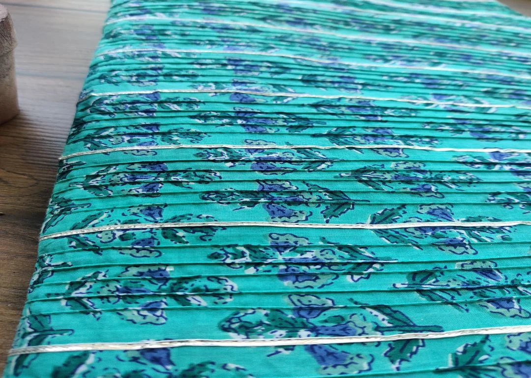 Blue Floral Printed Gota Patti And Pintucks Cotton Fabric