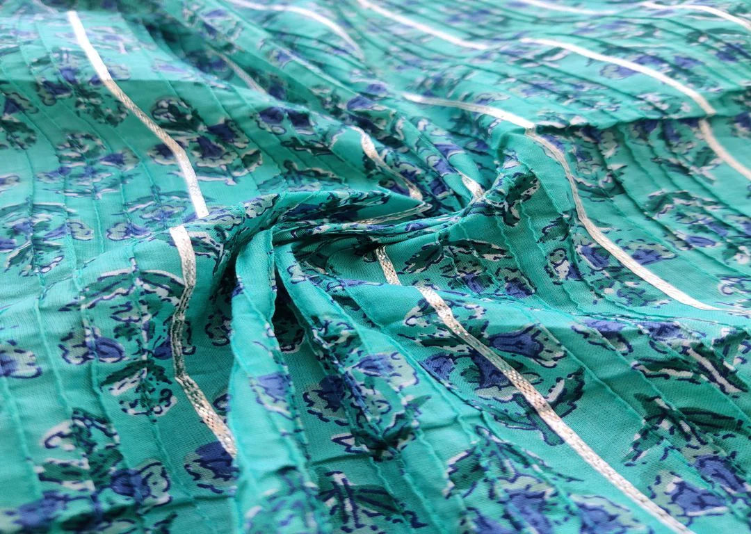 Blue Floral Printed Gota Patti And Pintucks Cotton Fabric