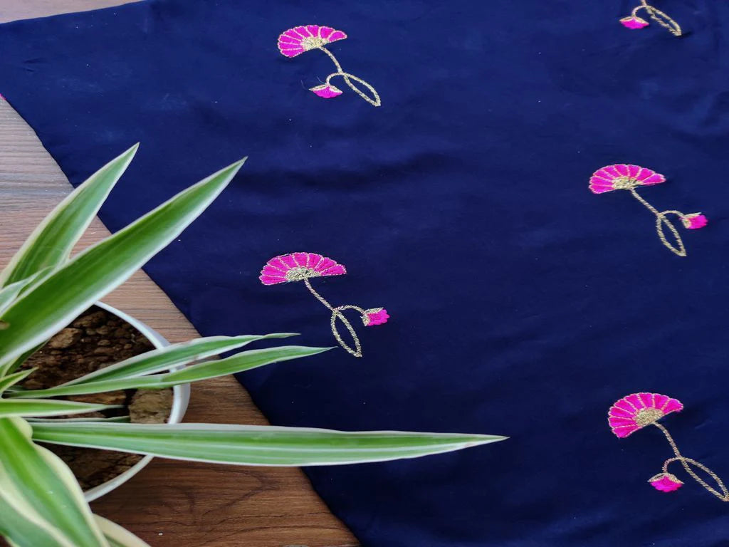 Blue Pink Flowers Embroidered Rayon Fabric