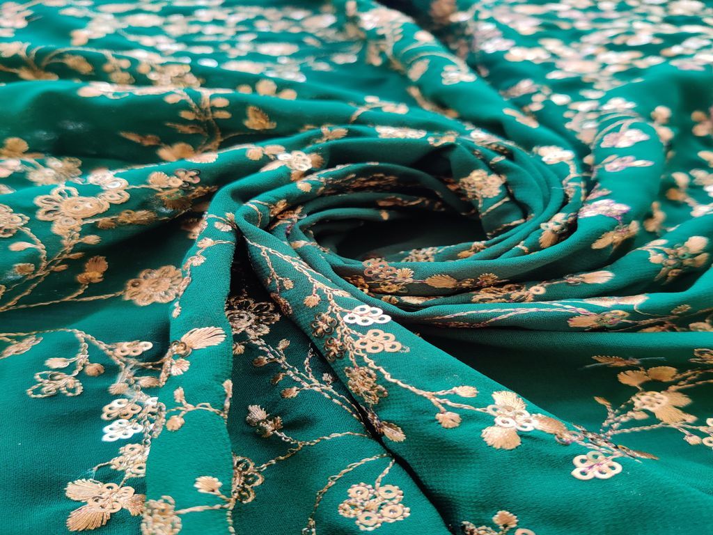 Bottle Green Floral Heavy Embroidered Sequins and Thread Georgette Fabric