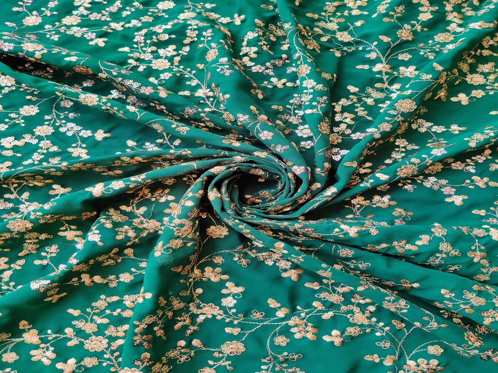 Bottle Green Floral Heavy Embroidered Sequins and Thread Georgette Fabric