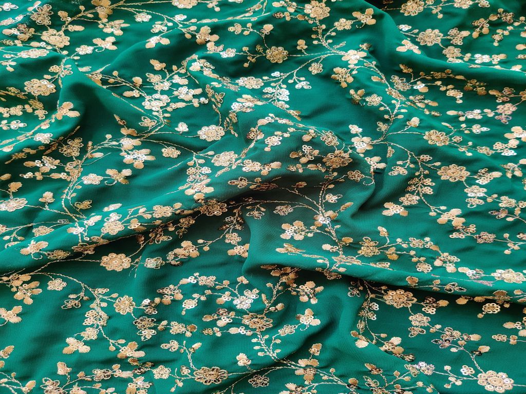 Bottle Green Floral Heavy Embroidered Sequins and Thread Georgette Fabric