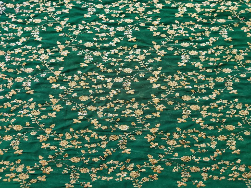 Bottle Green Floral Heavy Embroidered Sequins and Thread Georgette Fabric
