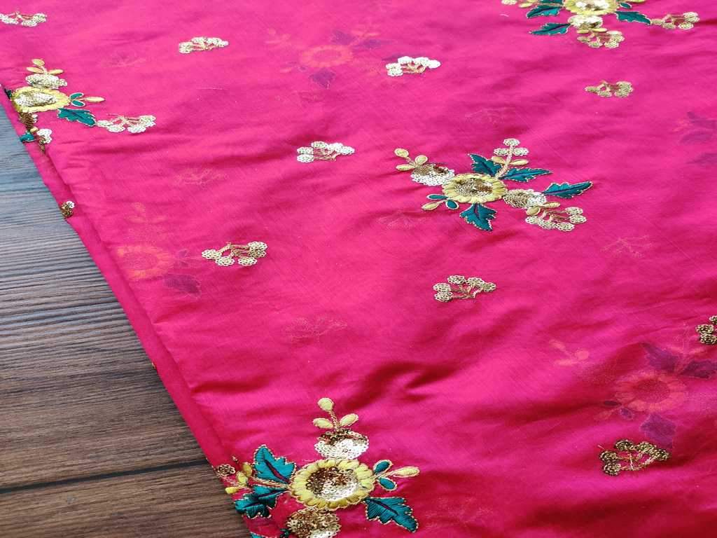 Bright Pink Sequins and Thread Embroidered Flowers Embroidered Chanderi Fabric