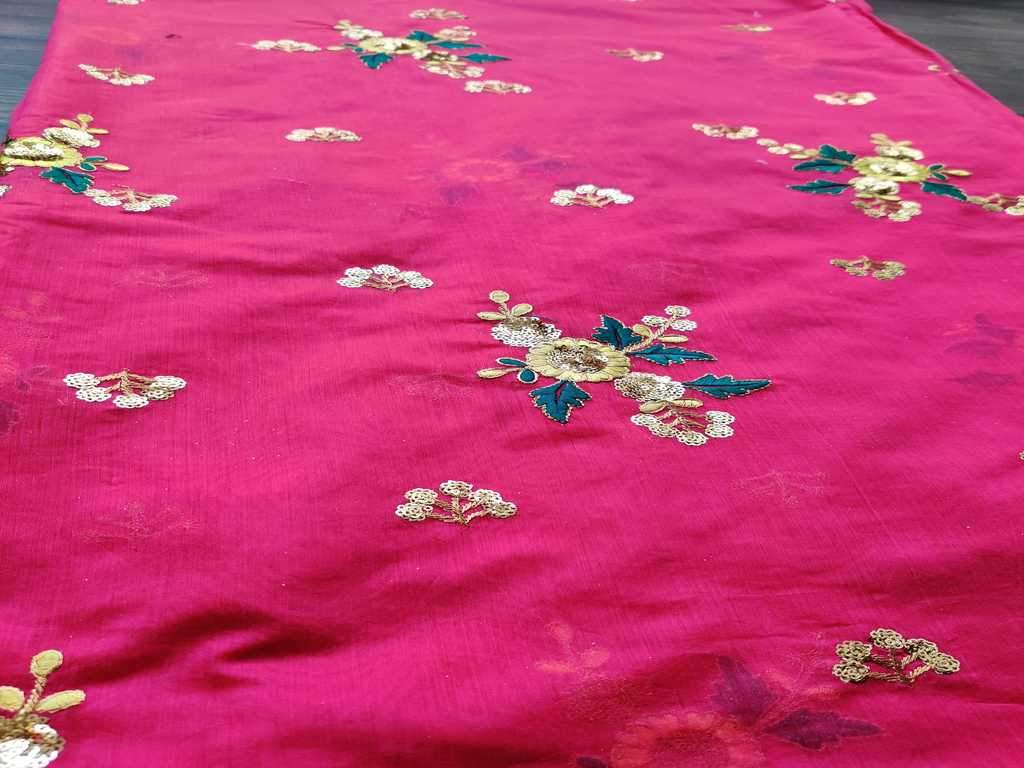 Bright Pink Sequins and Thread Embroidered Flowers Embroidered Chanderi Fabric