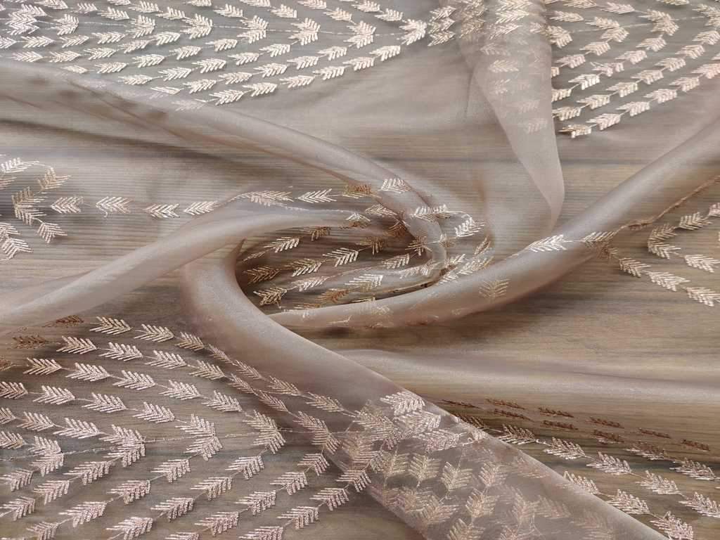 Brown Rose Gold Embroidered Organza Fabric
