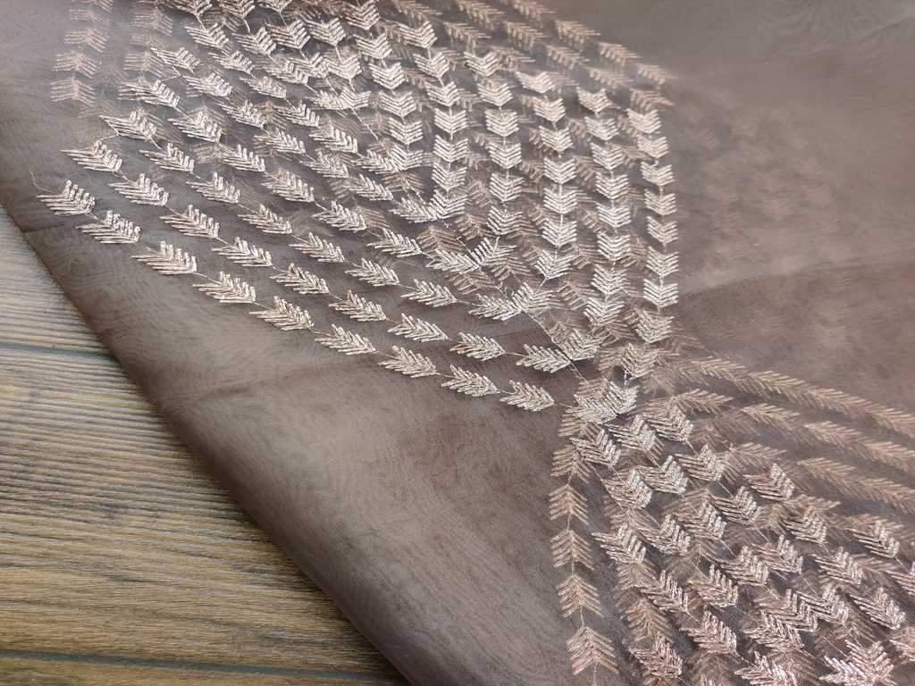 Brown Rose Gold Embroidered Organza Fabric