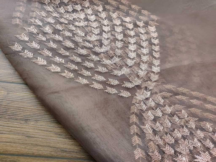 Brown Rose Gold Embroidered Organza Fabric