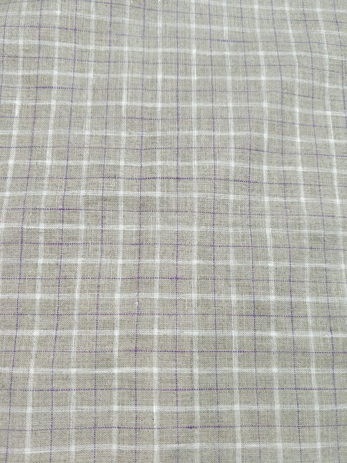 Natural Flax 100%Pure Linen 60 Lea Check Fabric – White & Purple Windowpane(0% Cotton)