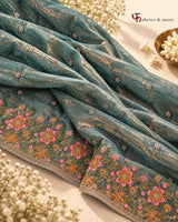 Luminous Teal-Gold Fendi Fabric with Thread and Light Golden Dori work