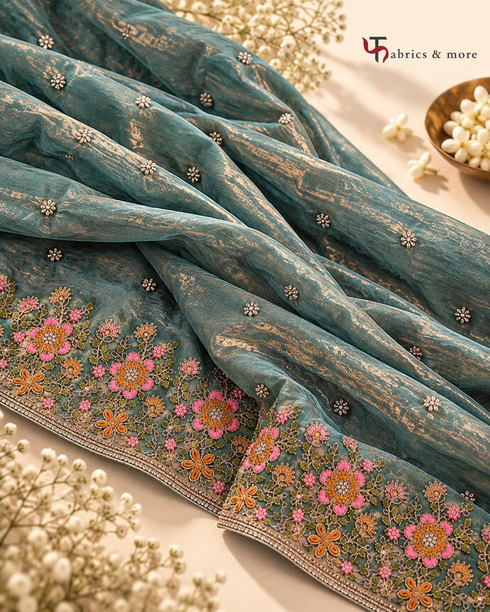 Luminous Teal-Gold Fendi Fabric with Thread and Light Golden Dori work