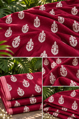 Rich Burgundy with White Dori Embroidered Motifs Chanderi Fabric