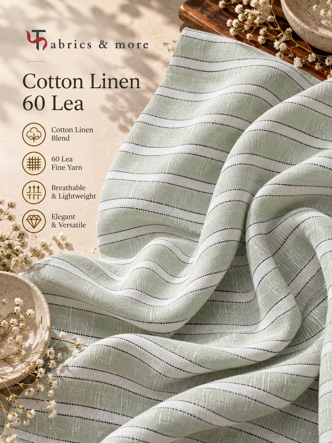 Sage Green Striped Cotton Linen 60 Lea Fabric