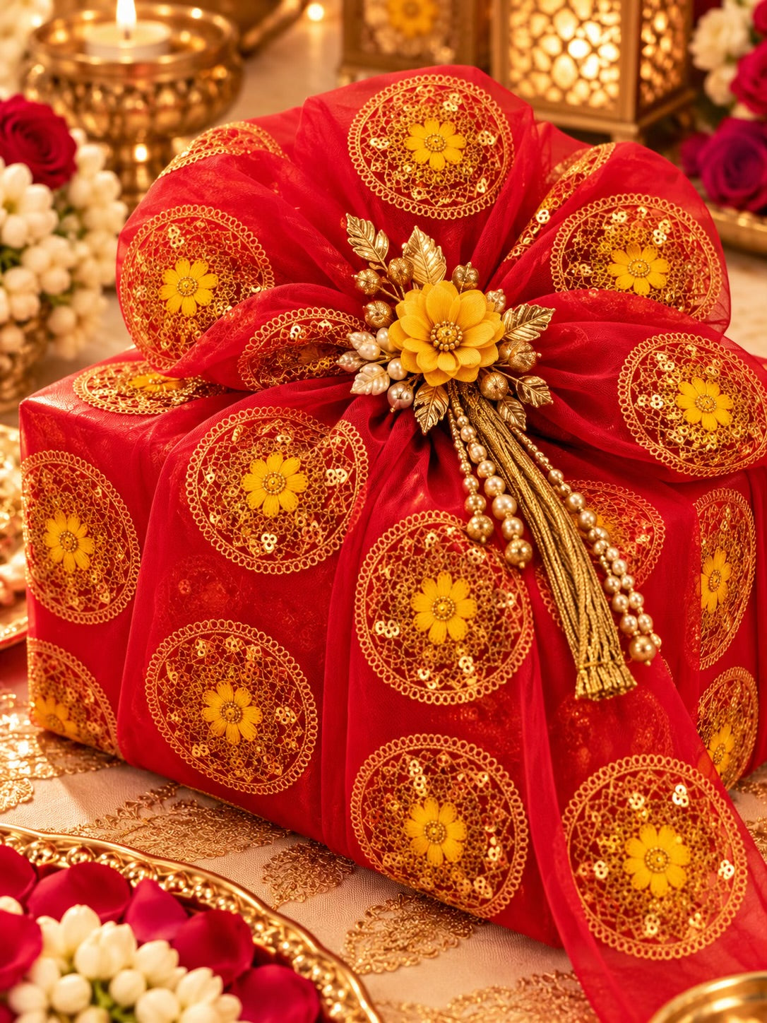 Red Embroidered Net Fabric with Golden Dori, Sequins & Yellow Thread Work