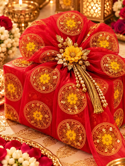 Red Embroidered Net Fabric with Golden Dori, Sequins & Yellow Thread Work