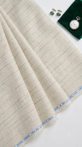 Premium Cream Pure Linen 60 Lea Pinstripe – Green & Black Stripes 100% Pure Linen Fabric (0% Cotton)