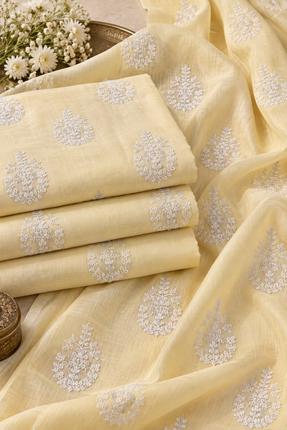 Pale Lemon Yellow Chanderi Fabric with White & Twisted Silver Dori Embroidery
