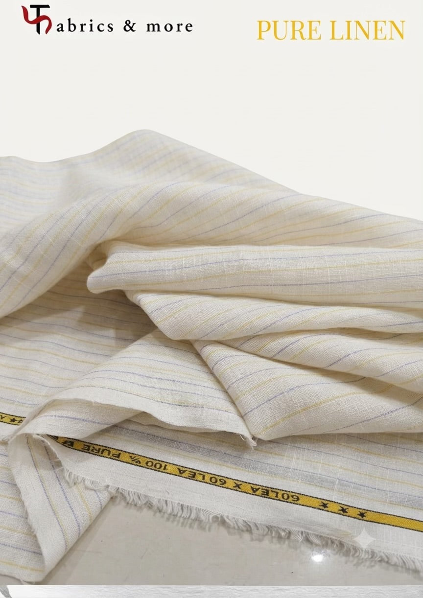 Premium White 100% Pure Linen 60 Lea Stripe Fabric – Yellow & Blue Pinstripes (0% Cotton)