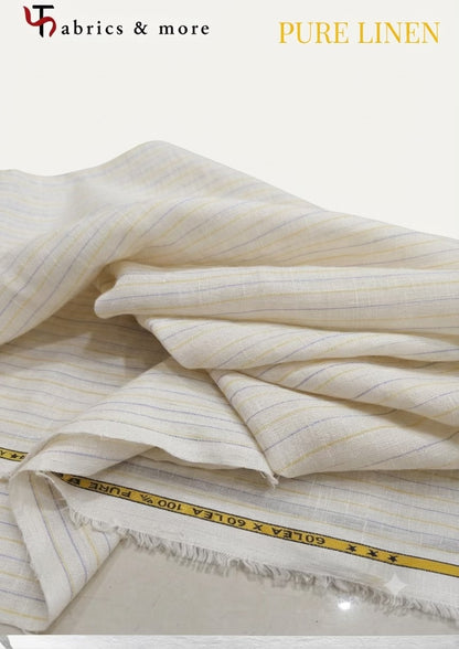 Premium White 100% Pure Linen 60 Lea Stripe Fabric – Yellow & Blue Pinstripes (0% Cotton)