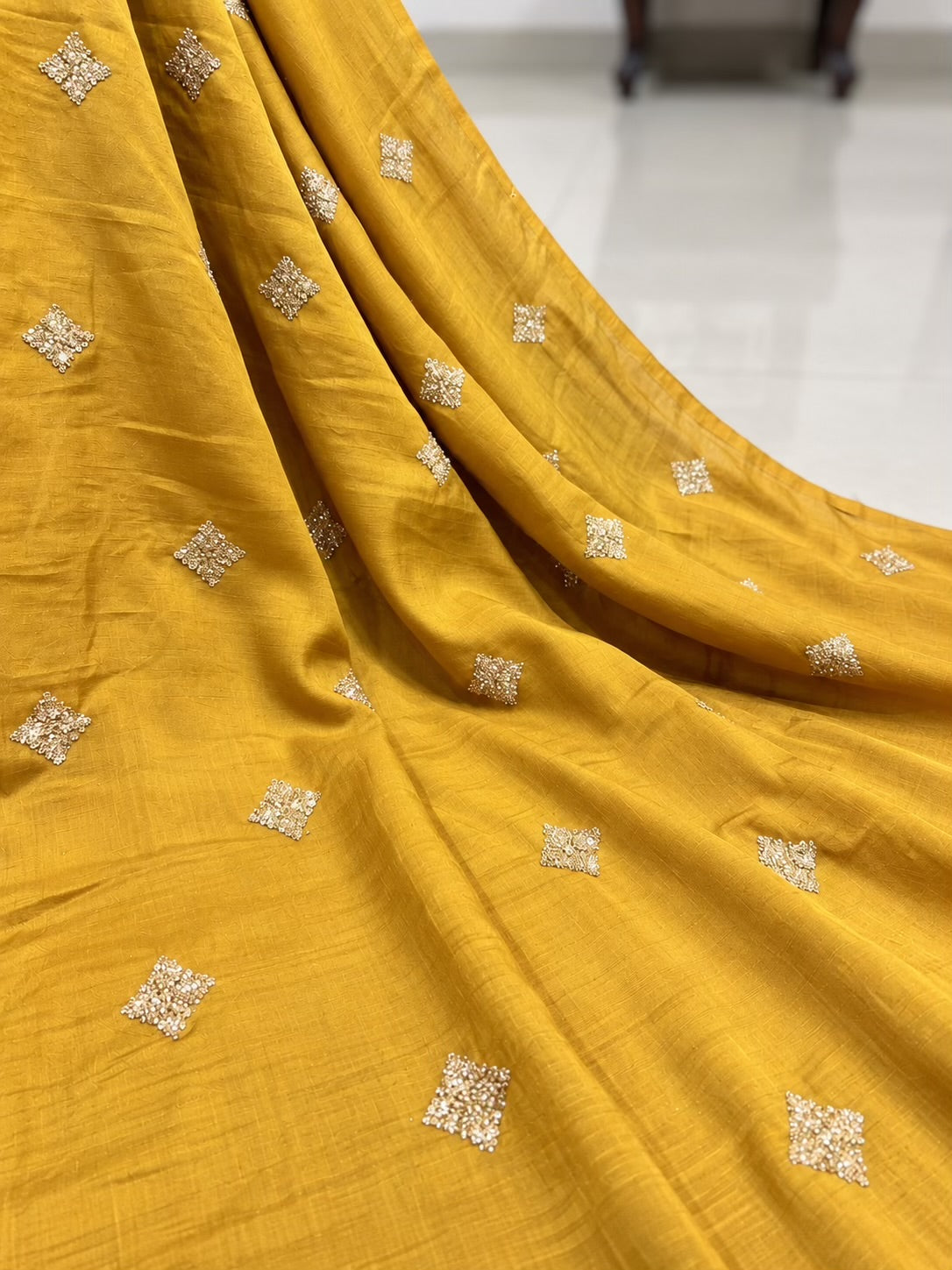 Golden Glitter Thread Embroidered Motifs on Musterd Yellow Gold Chanderi Silk Fabric