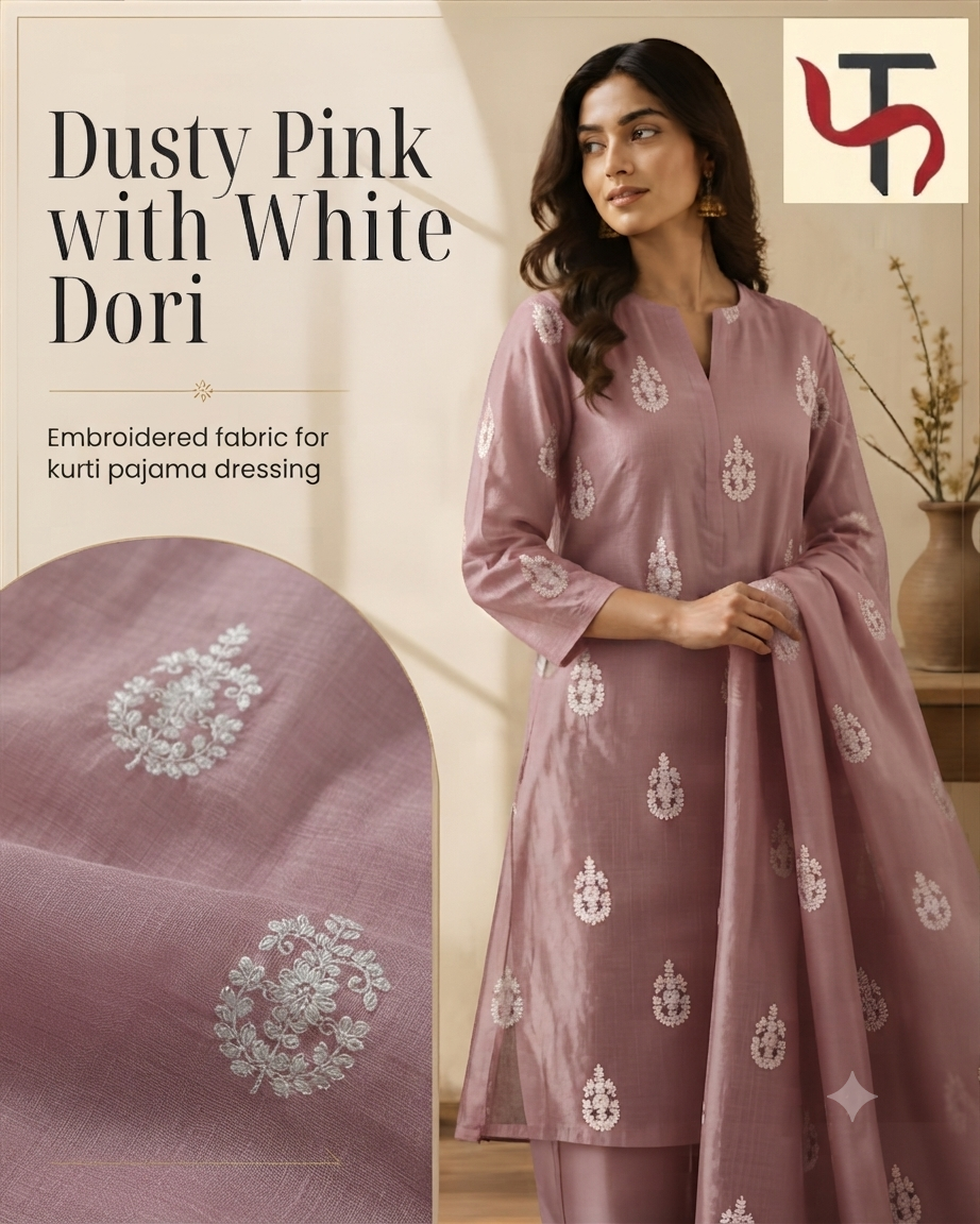 Dusty Pink with White Dori Embroidered Motifs Chanderi Fabric