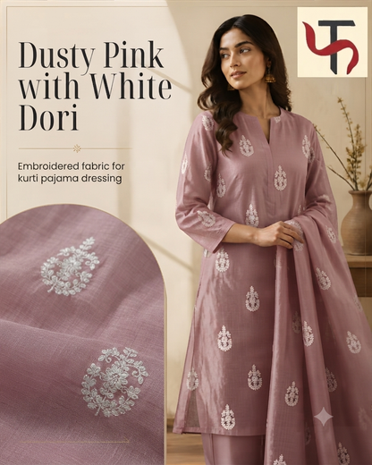 Dusty Pink with White Dori Embroidered Motifs Chanderi Fabric