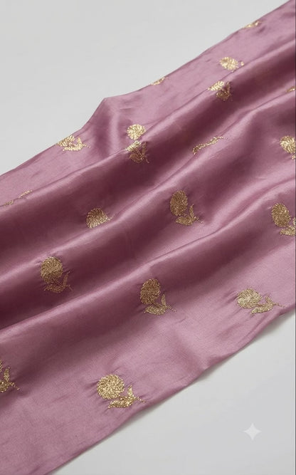 Mauve Dusty Purple Malai Chanderi Fabric with Light Golden Jari Embroidery - close-up of weave and texture