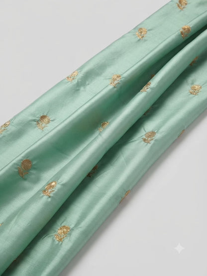 Sea-Green Malai Chanderi Fabric with Light Golden Jari Embroidery - close-up of weave and texture