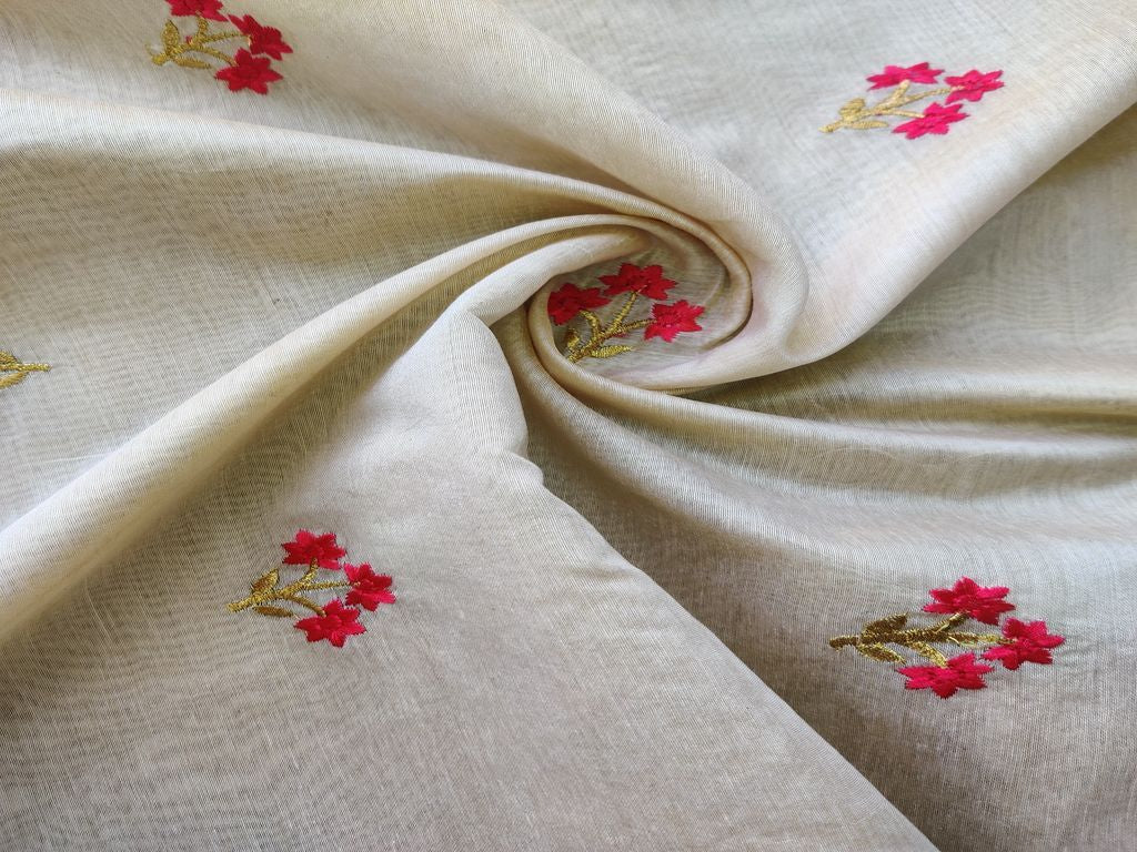 Cream Pink Flowers Embroidered Chanderi Fabric