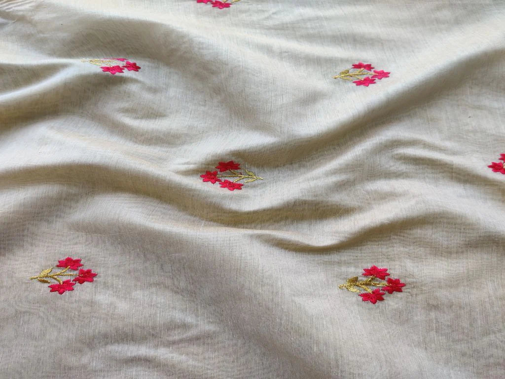 Cream Pink Flowers Embroidered Chanderi Fabric