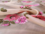 Cream Pink Floral Embroidered Organza Fabric