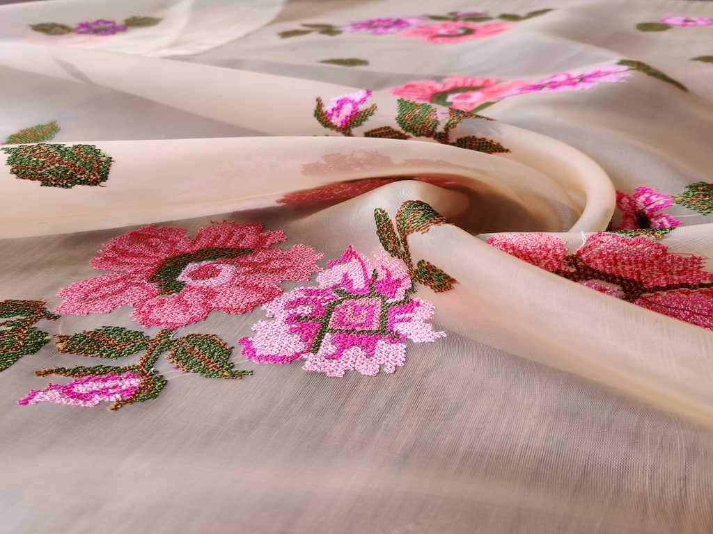 Cream Pink Floral Embroidered Organza Fabric