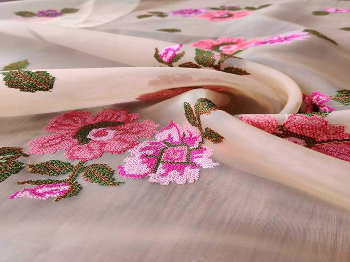Cream Pink Floral Embroidered Organza Fabric