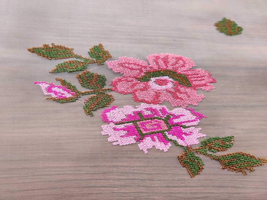 Cream Pink Floral Embroidered Organza Fabric