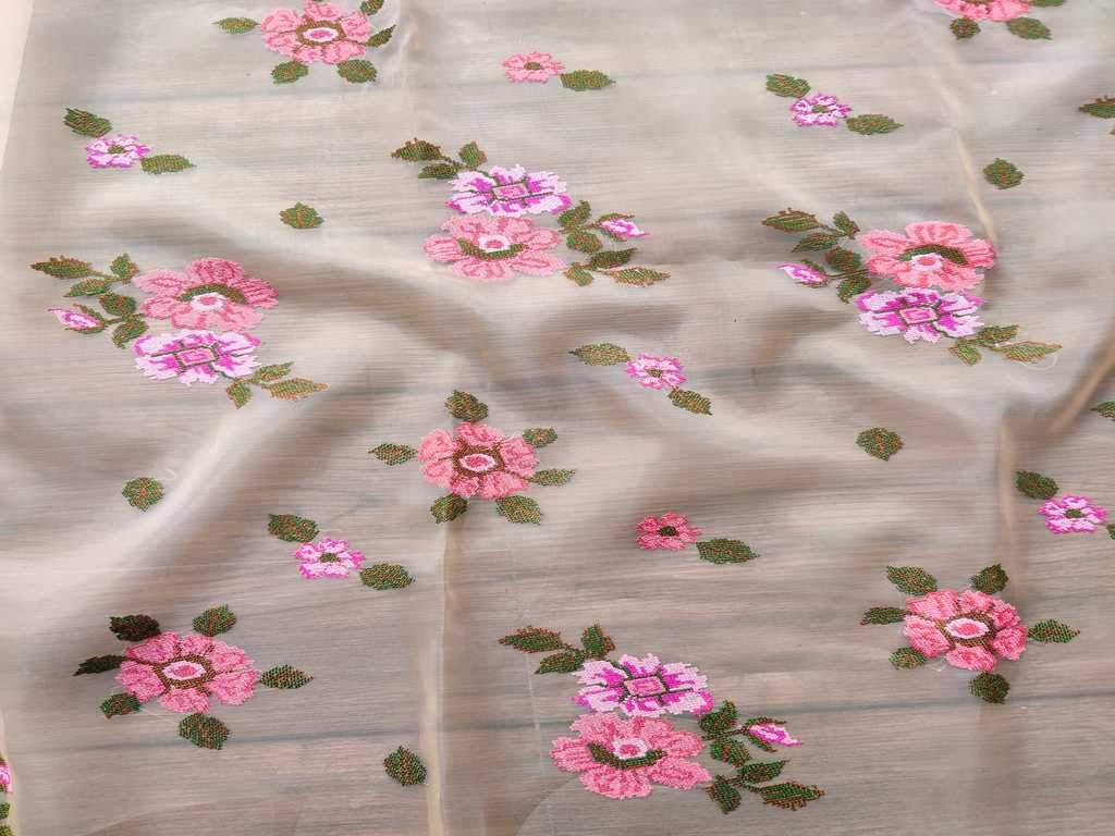 Cream Pink Floral Embroidered Organza Fabric