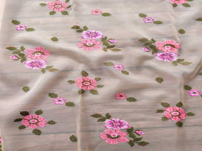 Cream Pink Floral Embroidered Organza Fabric