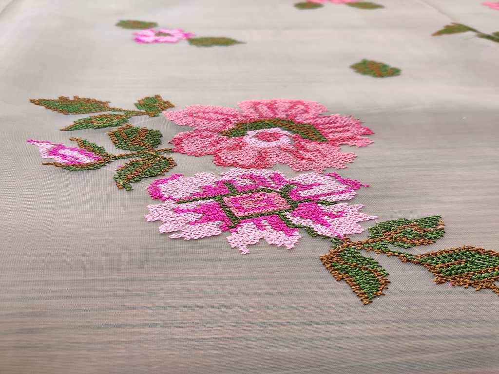Cream Pink Floral Embroidered Organza Fabric