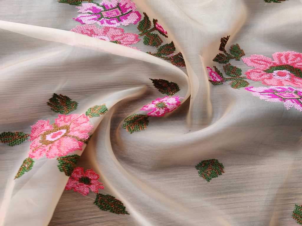 Cream Pink Floral Embroidered Organza Fabric