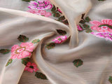 Cream Pink Floral Embroidered Organza Fabric